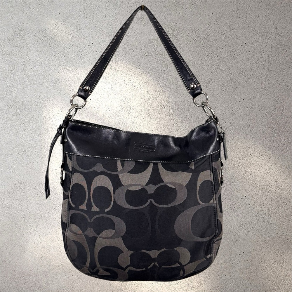 Coach Zoe Signature Hobo Bag Black Gray Monogram Canvas Leather Trim F14710